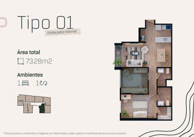 Plano 3D - Departamento 201 - TIPO 1 (Vista patio interno)