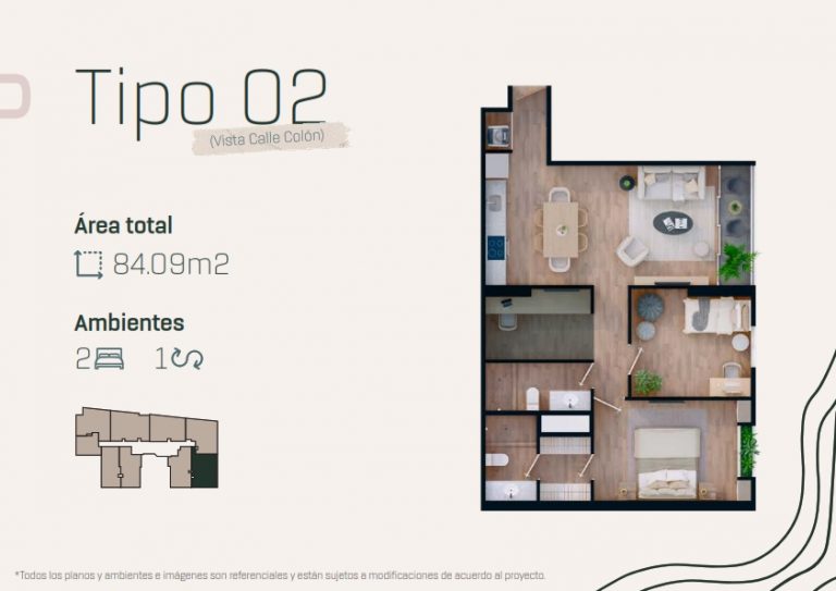 Plano 3D - Departamento 202 - TPO 2 (Vista calle Colón)