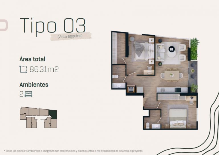 Plano 3D - Departamento 203 - TIPO 3 (Vista esquina)