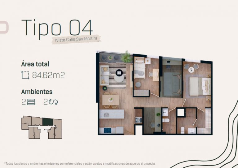 Plano 3D - Departamento 204 - TIPO 4 (Vista calle San Martín)