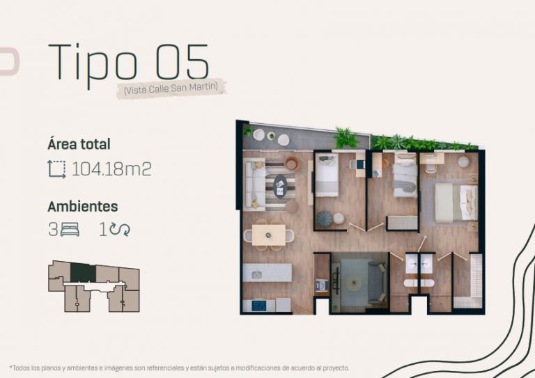 Plano 3D - Departamento 205 - TIPO 5 (Vista calle San Martín)