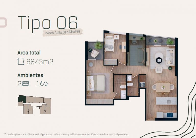 Plano 3D - Departamento 206 - TIPO 6 (Vista calle San Martín)