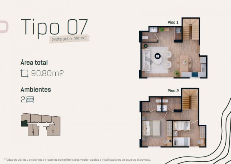 Plano 3D - Departamento 207 - TIPO 7 (Vista patio interno)