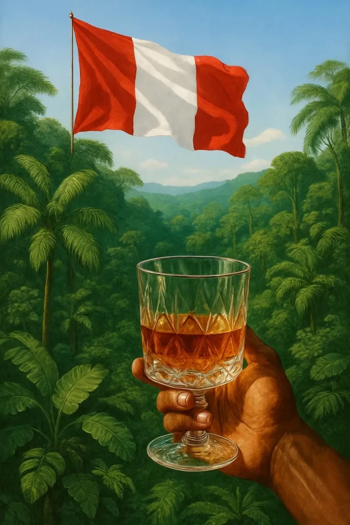 Brindis con licor de selva frente a la bandera peruana y la Amazonía