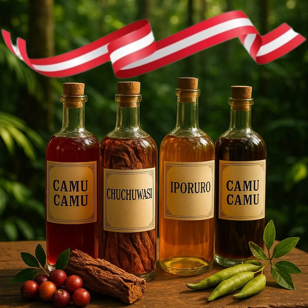 Botellas de licores amazónicos peruanos (Camu Camu, Chuchuwasi, Iporuro) con cinta de bandera de Perú y hojas sobre mesa de madera en la selva.