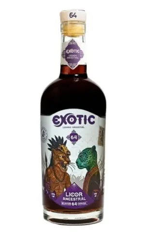 Botella de Elixir Ancestral, Licor de Hierbas Amazónicas Premium, con etiqueta de jaguar y figura ancestral.